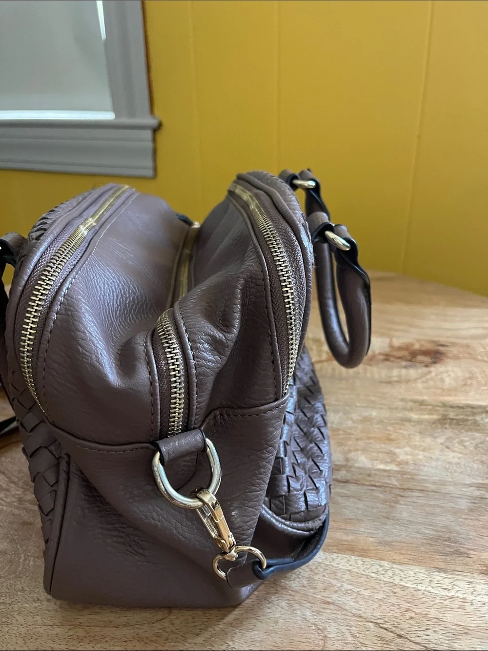 Woven Leather Satchel in Taupe